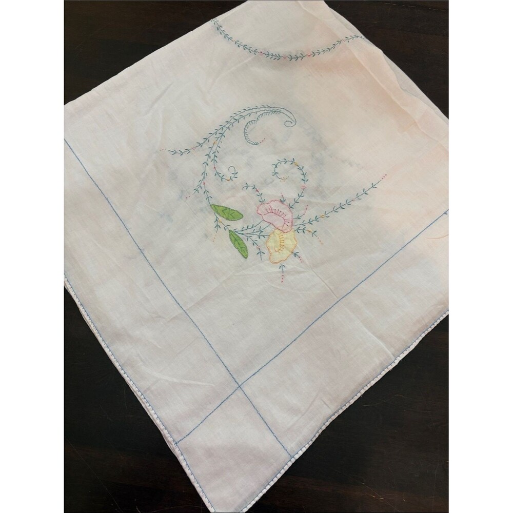 Hand-Embroidered White Coryon Tablecloth with Pastel Flowers